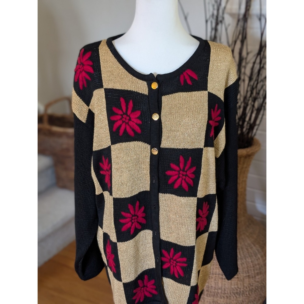 Vintage Harlequin Check Gold Knit Cardigan Red Flower Embroidered Sweater 14/16